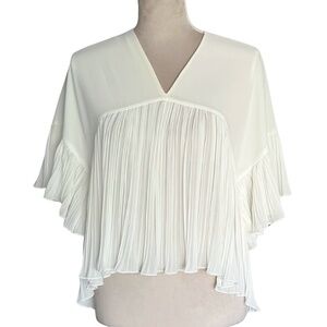 Boho Romantic Top Zara Sz XS Cream Pleated Chiffon V-Neck Garden Party Blouse